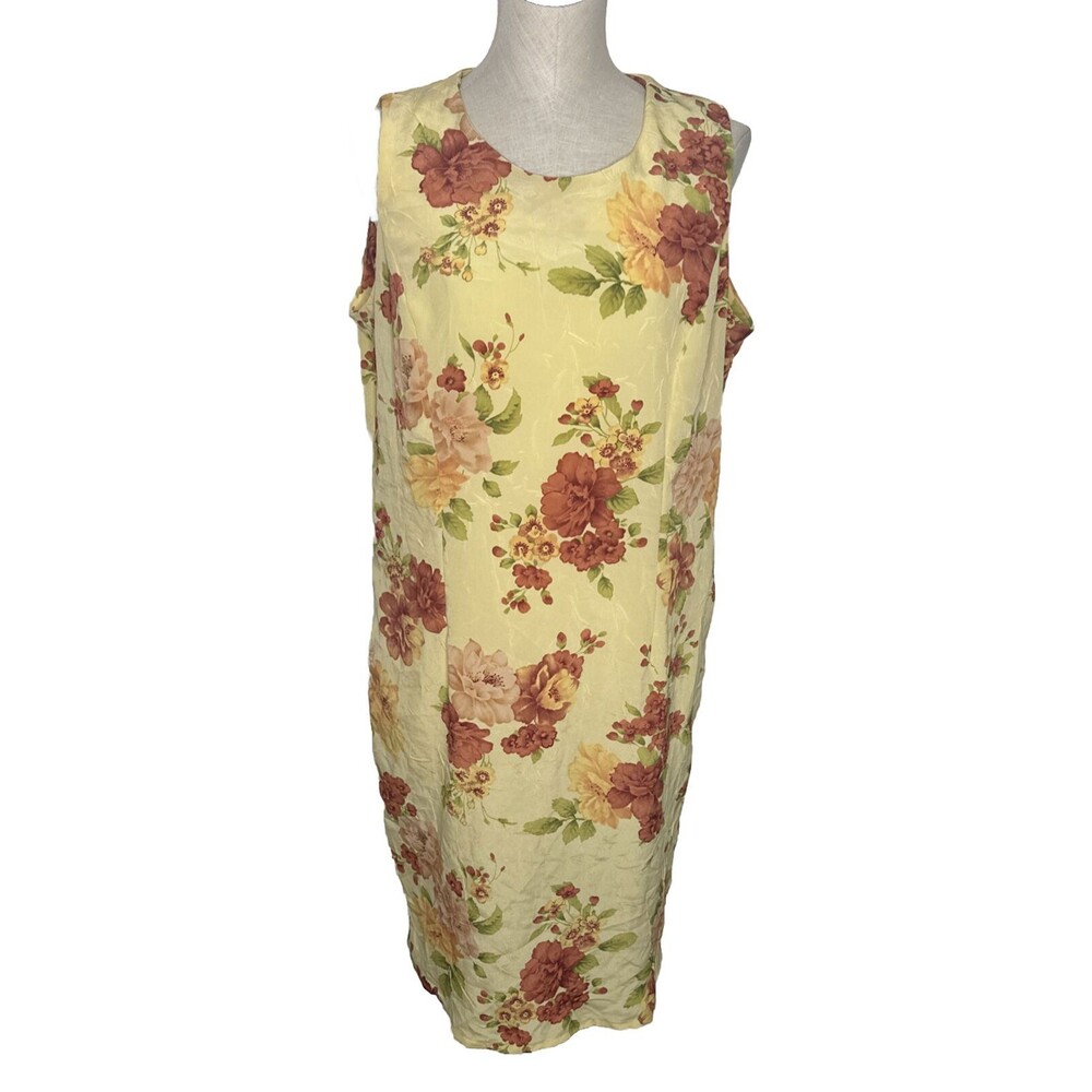 Vintage R&K Originals Yellow Floral Sleeveless  Dress Textured Slip Size 14